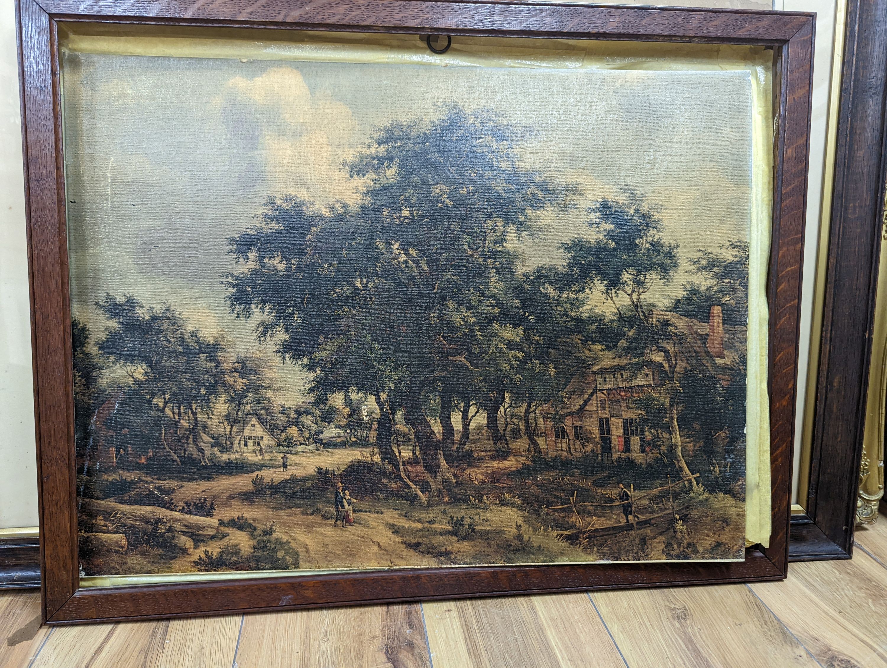 After Turner, watercolour, Artist beside a woodland stream, bears signature, 51 x 77cm, a monochrome print of figures in an Italian valley and a colour print of a village scene